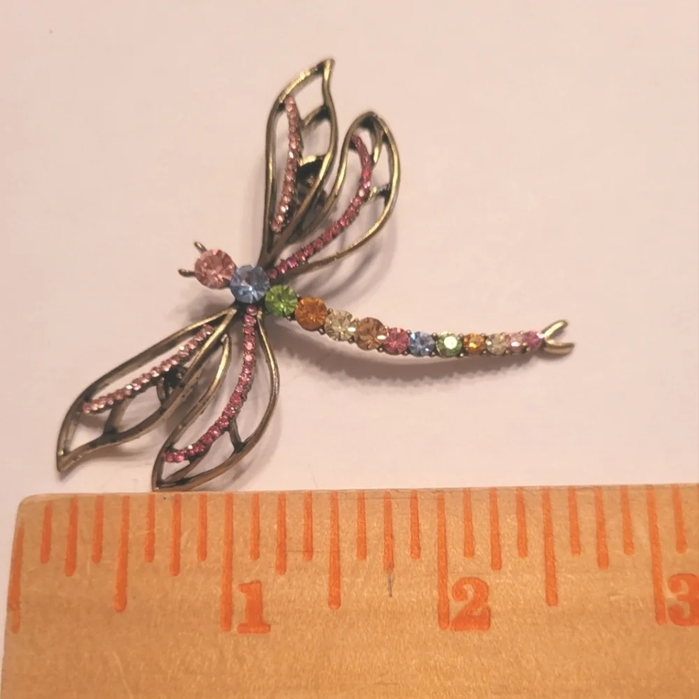 Vintage Dragonfly‎ Brooch Rainbow Rhinestone Antique Bronze Tone Pin